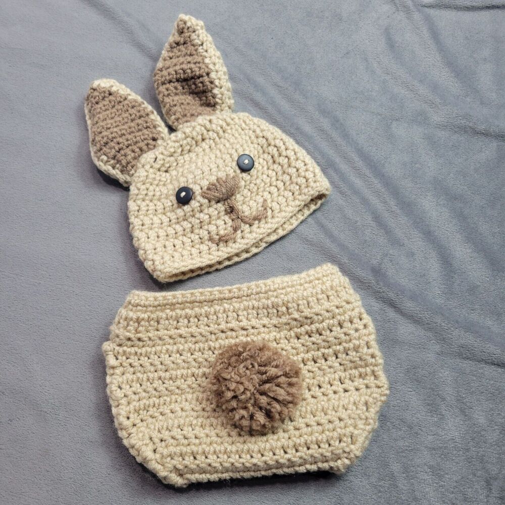 Crocheted Bunny Hat & Diaper Cover Baby Set With Pom Pom Tail